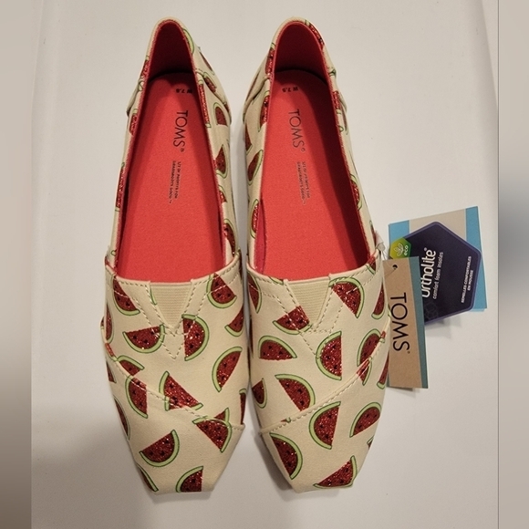NWT Toms Natural Glitter Watermelon Alpargata Slip On Shoes - Picture 1 of 7